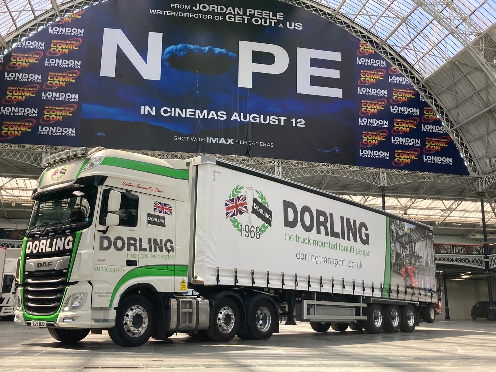 Dorling Transport artic curtainsider delivering exhibition equipment to Olympia
